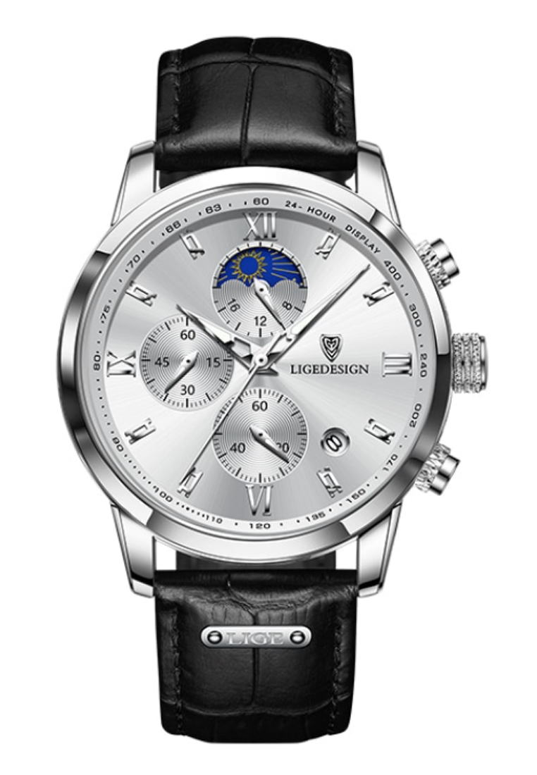 LIGE 中性不銹鋼計時石英手錶 43 毫米，白色錶盤，黑色皮革錶帶