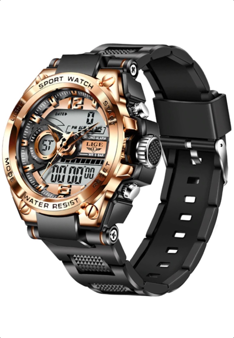 LIGE 計時碼表中性模擬/數字雙時間手錶，黑色和玫瑰金色元素，黑色矽膠錶帶