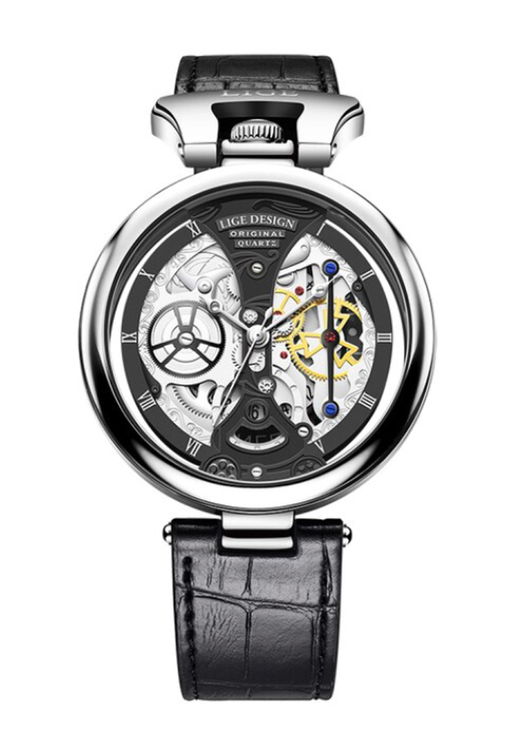 LIGE 男女通用 45 毫米不銹鋼石英手錶，黑色皮錶帶空心錶盤