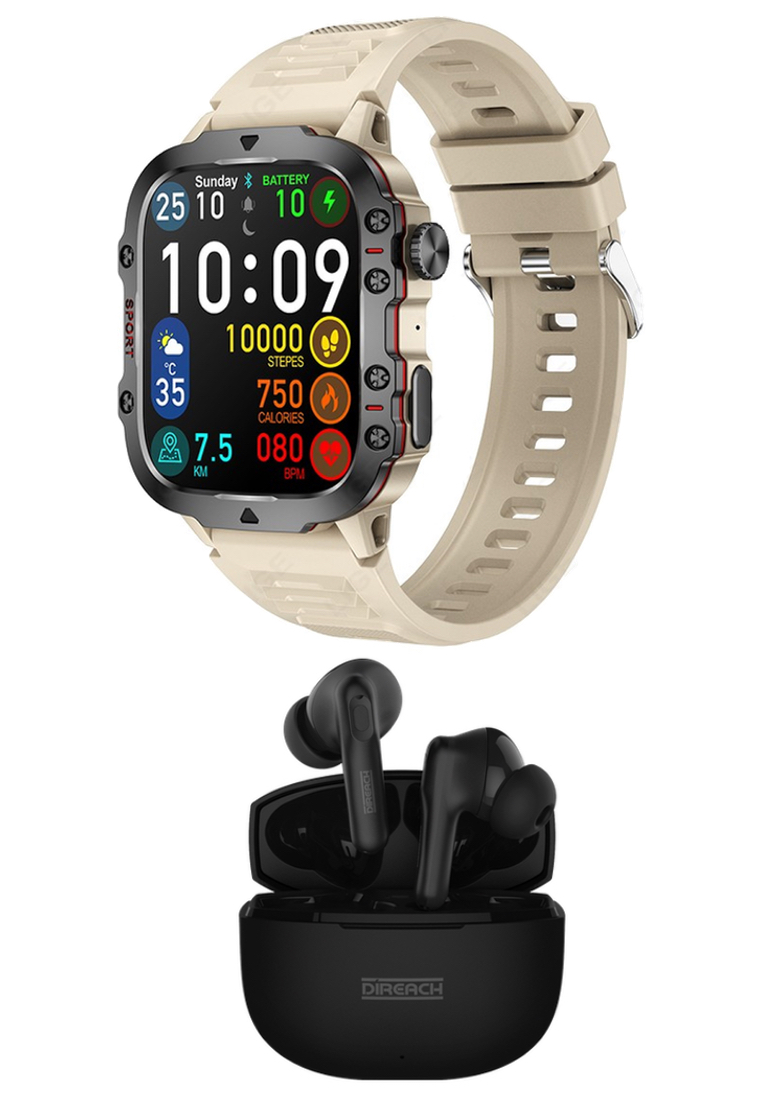 禮品組 - LIGE 新款男女通用智慧手錶 + DIREACH 黑色無線耳機 - 藍牙通話 - 1.96 吋高清螢幕 240x282 - Android/IOS - 3ATM 防水 - 血壓監測 - 橡膠錶帶