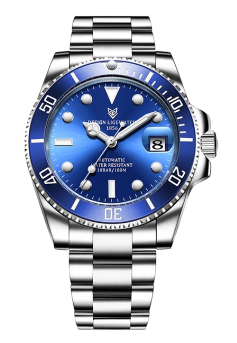 LIGE AUTOMATIC 中性潛水員不銹鋼自動上鍊手錶，藍色轉動表圈，鋼錶鍊上的藍色錶盤