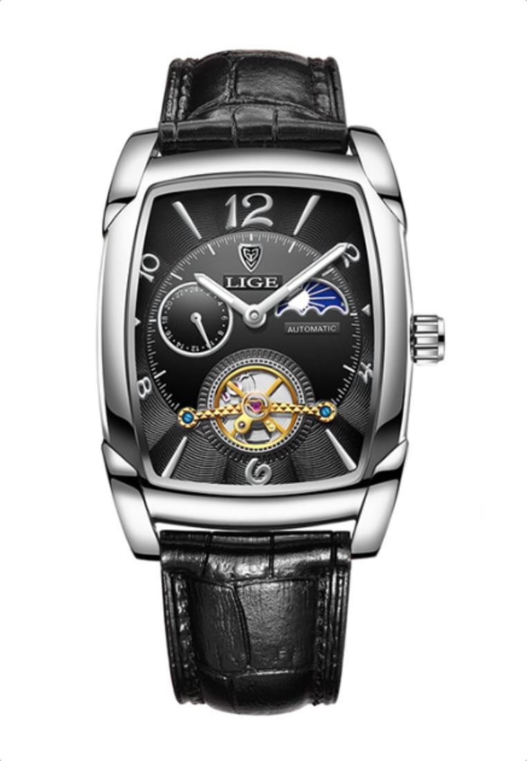 LIGE 中性自動上弦不銹鋼桶形手錶 46x38 毫米，黑色錶盤和皮革錶帶
