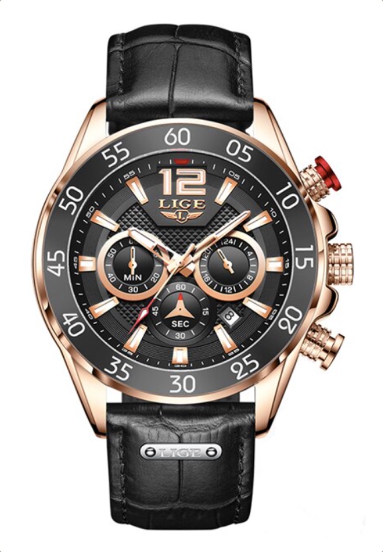 LIGE 計時碼表中性 IP 玫瑰金不銹鋼石英手錶，黑色表圈，棕色皮革錶帶上的黑色錶盤