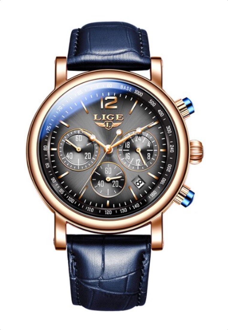 LIGE 男女通用計時石英手錶，43 毫米，IP 金色不銹鋼，灰色錶盤，藍色皮革錶帶