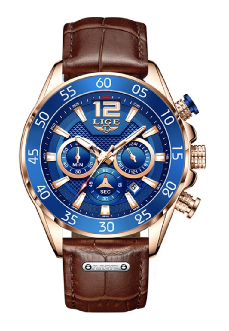 LIGE 計時碼表中性 IP 玫瑰金不銹鋼石英手錶，藍色表圈，棕色皮革錶帶上的藍色錶盤