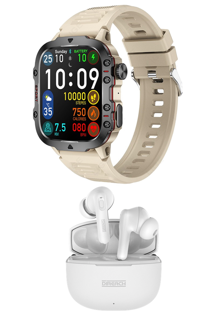 禮品組 - LIGE 新款男女通用智慧手錶 + DIREACH 黑色無線耳機 - 藍牙通話 - 1.96 吋高清螢幕 240x282 - Android/IOS - 3ATM 防水 - 血壓監測 - 橡膠錶帶