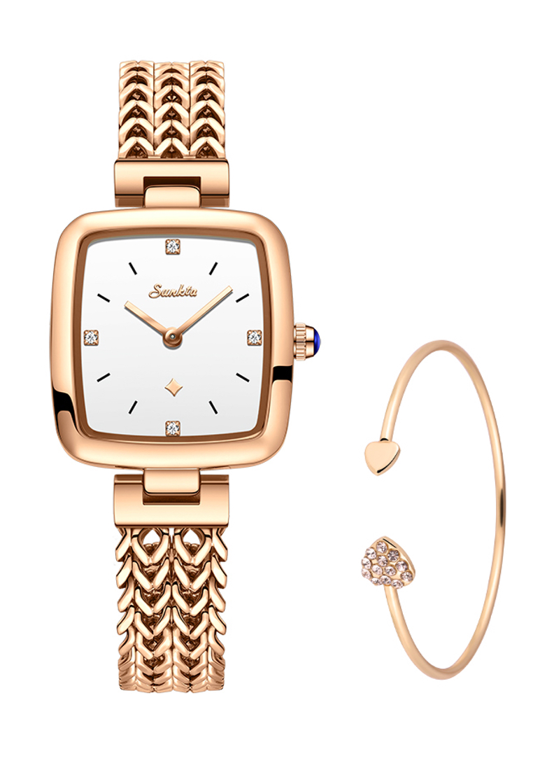 LIGE SUNKTA 女士手錶與石英機芯，32x26mm，IP玫瑰金色不銹鋼，藍色水晶，白色錶盤，金屬手鍊