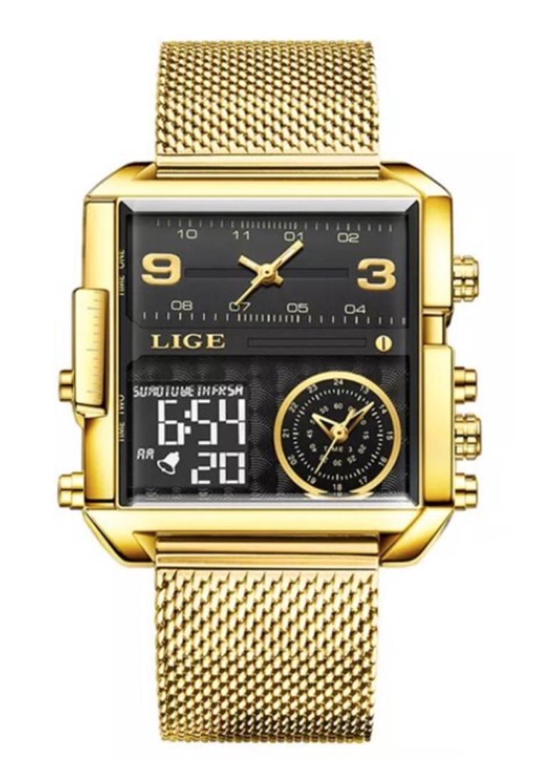 LIGE 空心方形兩時區男女通用 IP 金色不銹鋼計時石英手錶 42 毫米（寬）X 40 毫米（高）IP 金色網狀手鍊
