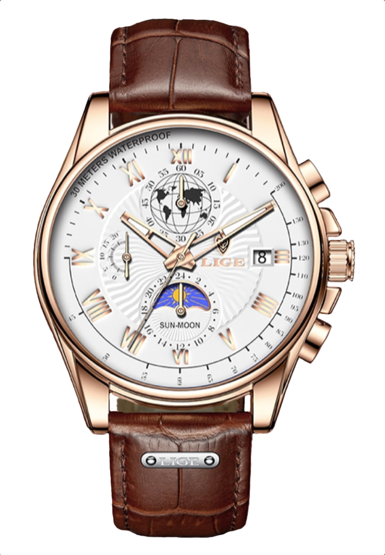 LIGE 計時碼表中性 42 毫米 IP 玫瑰金色不銹鋼石英手錶，皮革錶帶上的白色錶盤