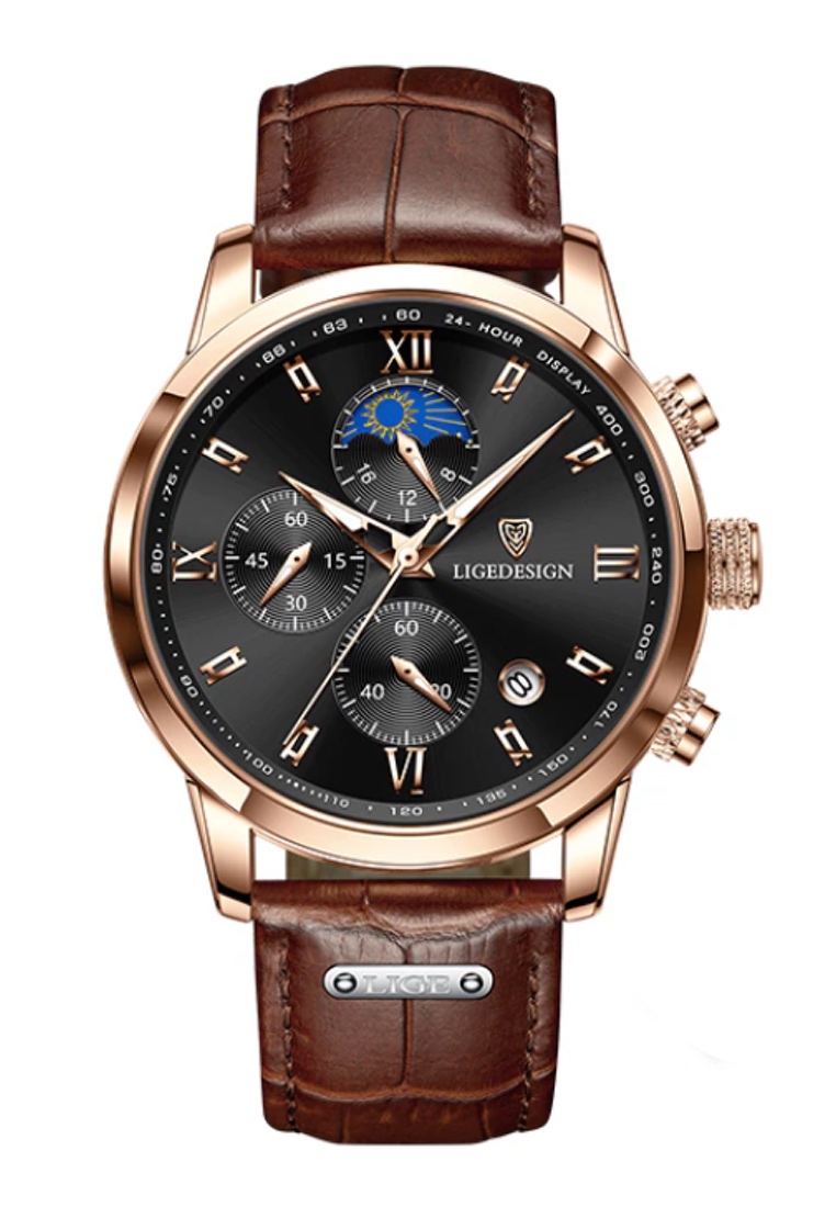 LIGE 計時碼表，男女皆宜，IP 玫瑰金不銹鋼石英手錶 43 毫米，黑色錶盤，棕色皮革錶帶