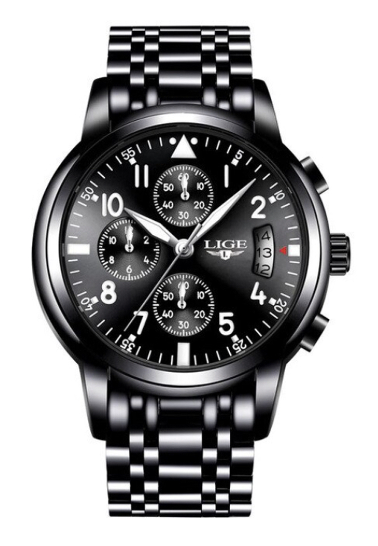 LIGE 計時男女通用 IP 黑色不銹鋼石英手錶，黑色錶盤，IP 黑鋼錶鍊
