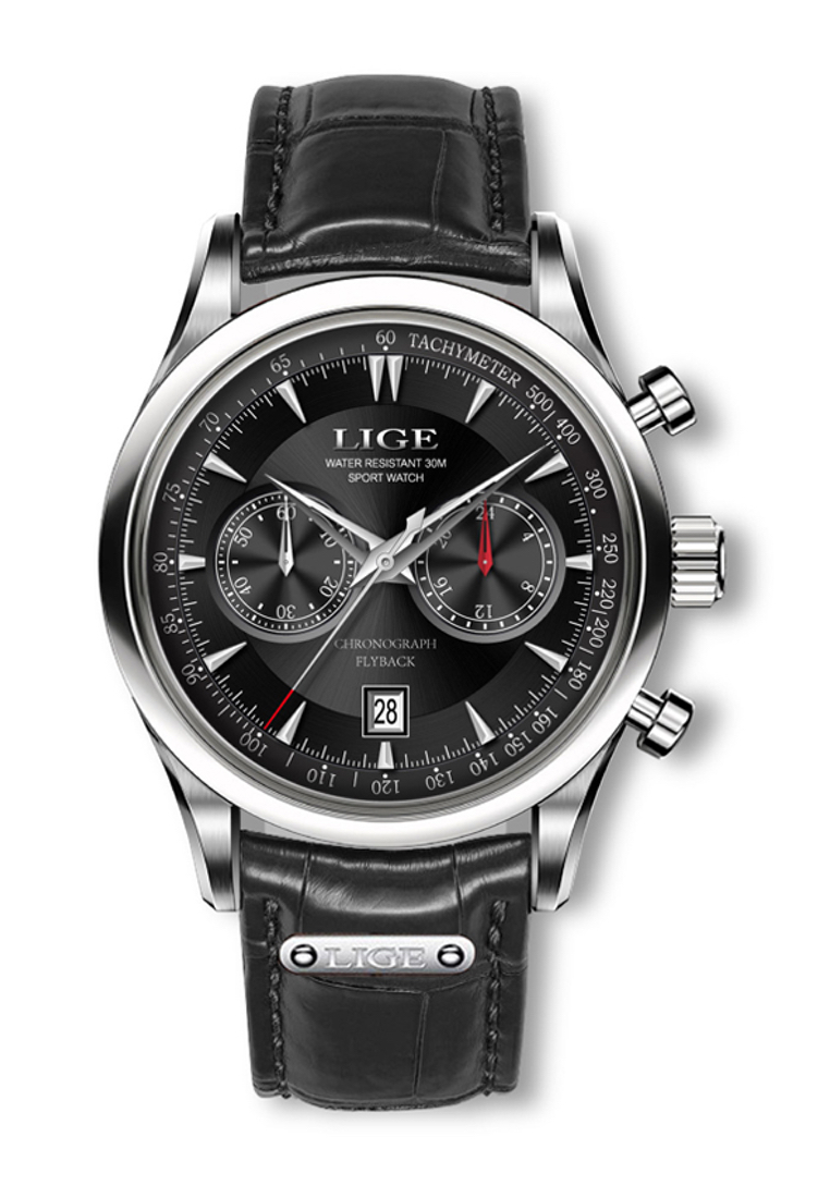 LIGE 計時碼表男女通用不銹鋼石英手錶，皮革錶帶