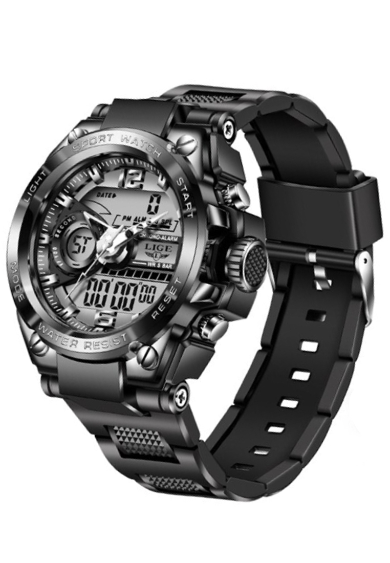 LIGE 計時碼表男女通用模擬/數字雙時手錶，黑色矽膠錶帶