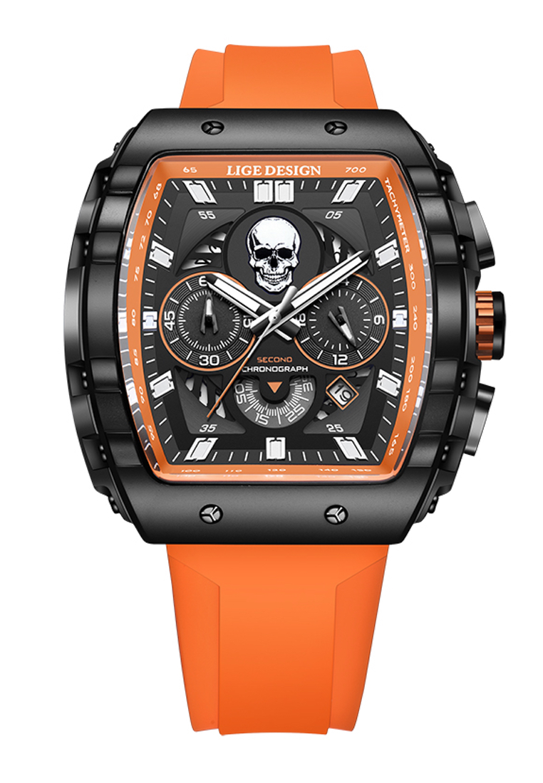 LIGE Skull 男女通用 IP 黑色不銹鋼計時石英手錶，橙色橡膠錶帶