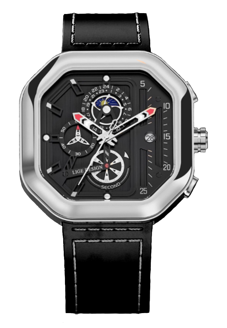 LIGE 中性計時碼表八角形不銹鋼石英手錶，黑色皮革錶帶