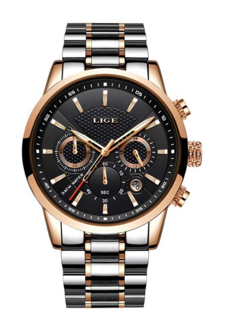 LIGE 計時碼表中性玫瑰金彩色拋光不銹鋼石英手錶 43 毫米，黑色錶盤，雙色手鍊