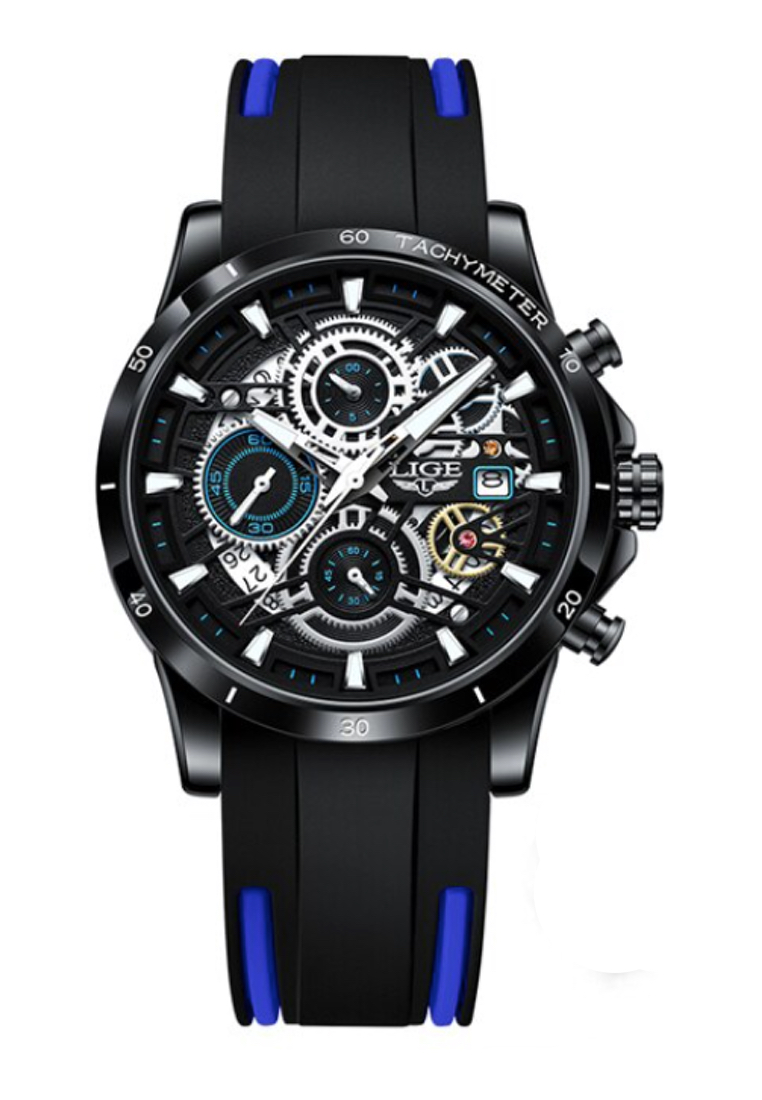 LIGE 計時碼表中性 IP 黑色不銹鋼石英手錶，黑色錶盤黑色和藍色橡膠錶帶