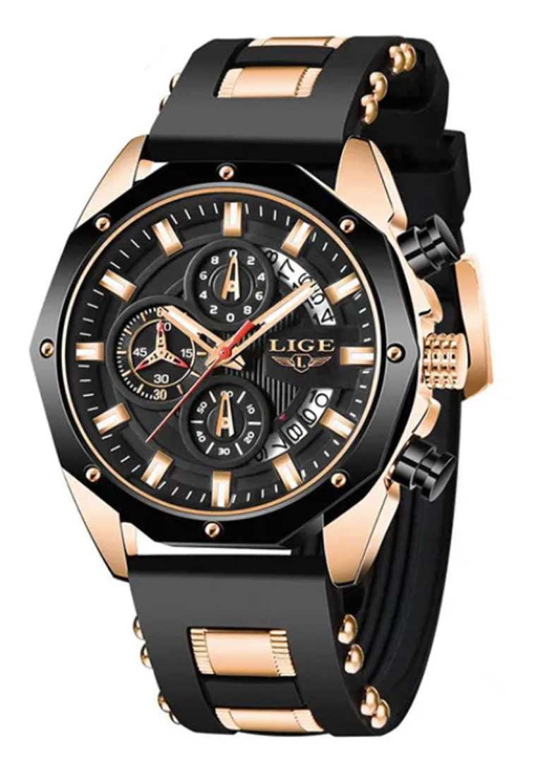LIGE 計時男女通用 IP 玫瑰金不銹鋼石英手錶 48 毫米，黑色錶盤，黑色橡膠錶帶