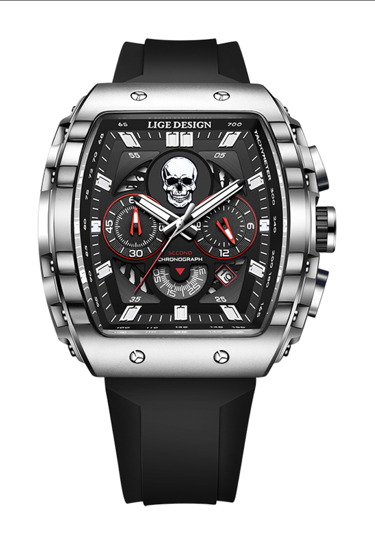 LIGE Skull 男女通用不鏽鋼計時石英手錶，黑色橡膠錶帶