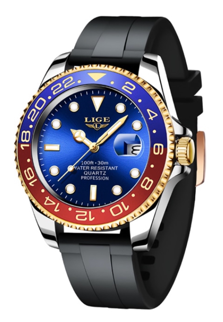 LIGE 中性經典潛水員不銹鋼石英手錶，黑色橡膠錶帶上帶有可轉動表圈