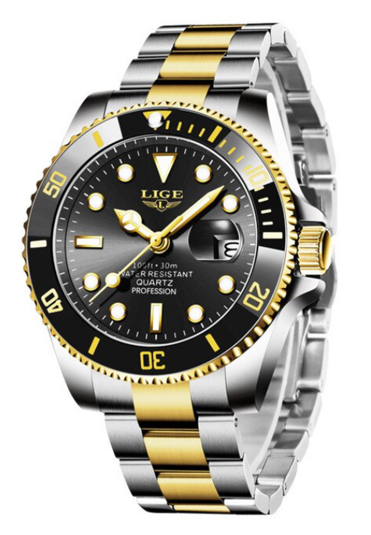 LIGE 中性經典潛水員不銹鋼石英手錶，鋼手鍊上帶有可轉動表圈
