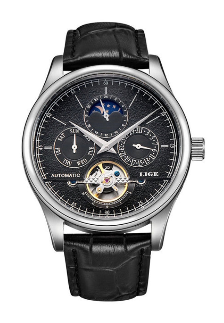LIGE 中性自動不銹鋼手錶 44 毫米，黑色錶盤和皮革錶帶