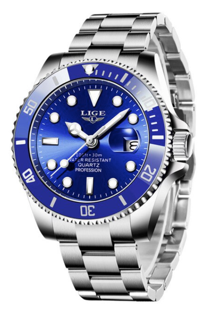 LIGE 中性經典潛水員不銹鋼石英手錶，鋼手鍊上帶有可轉動表圈