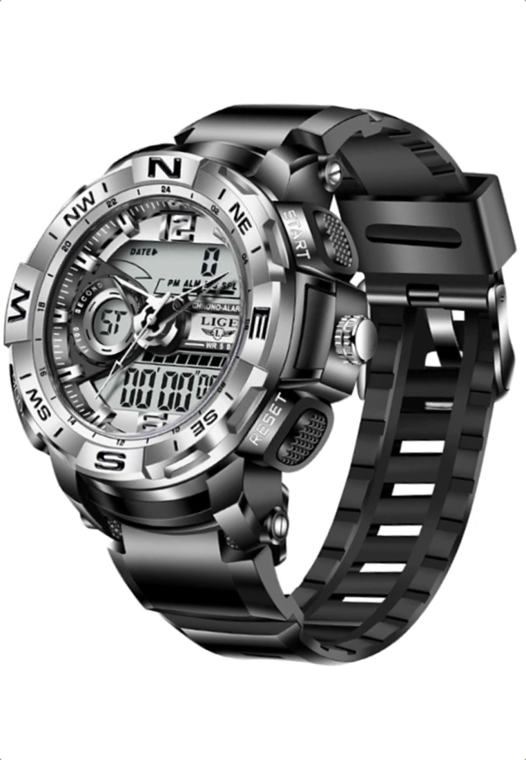 LIGE 計時碼表中性模擬/數字雙時間手錶，黑色和銀色元素，黑色矽膠錶帶