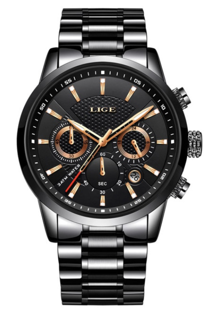 LIGE 計時碼表中性 IP 黑色不銹鋼石英手錶 43 毫米，黑色錶盤，IP 黑色鋼手鍊