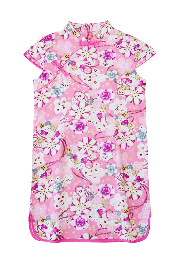 Little Kooma 女童粉色紫色白色花朵花紋漢服唐裝旗袍裙新年拜年衣服