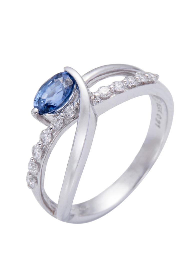 LITZ 18K White Gold Blue Sapphire Diamond Ring XK-SR0624