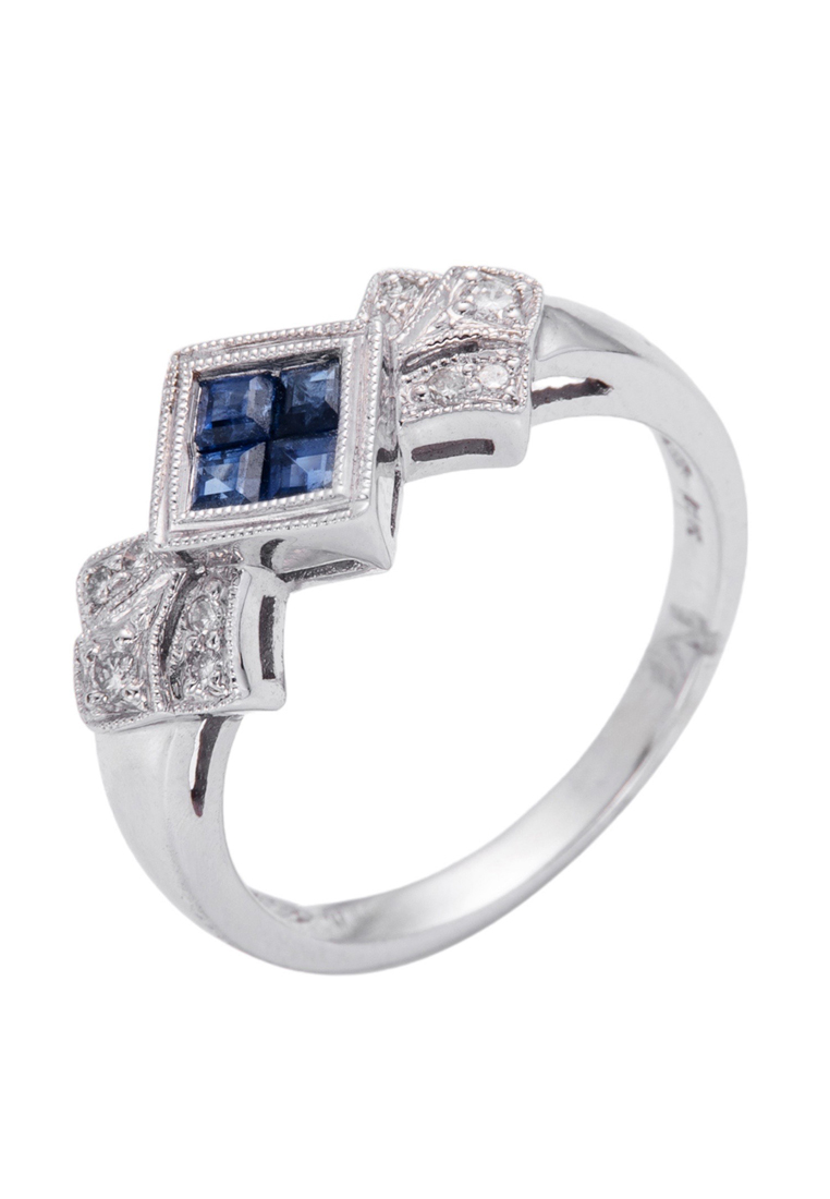 LITZ 18K White Gold Blue Sapphire Diamond Ring XK-DR001