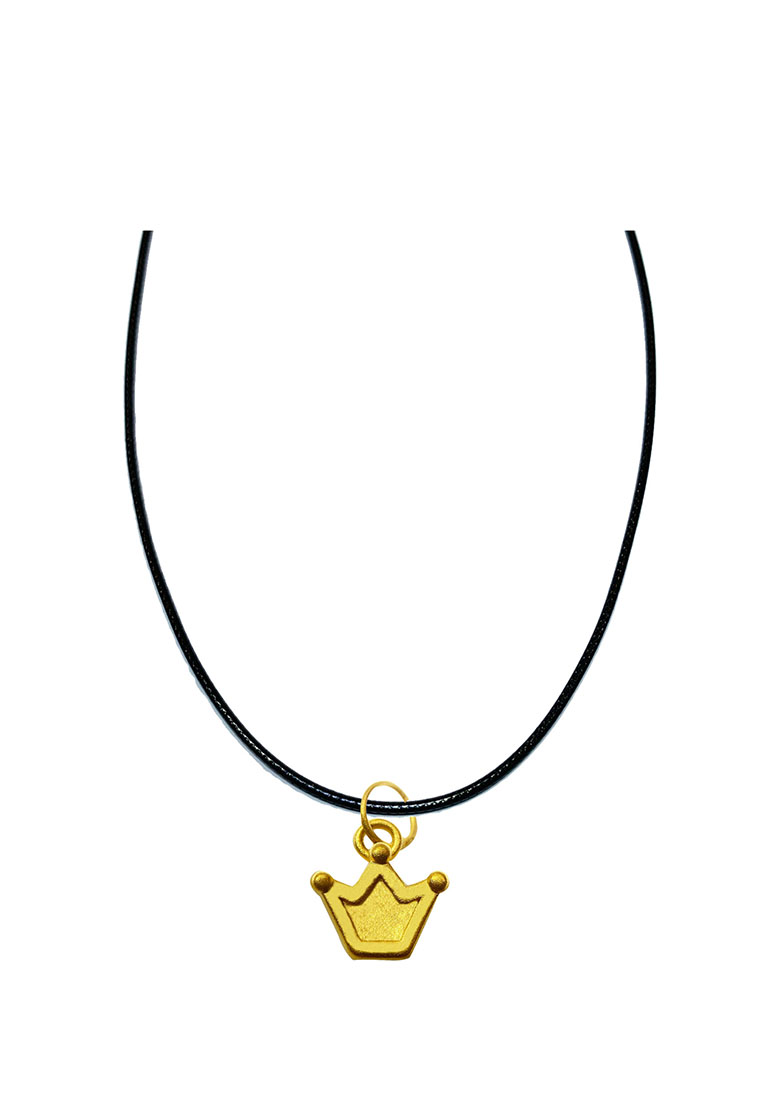 [SPECIAL] LITZ 999 (24K) Gold Crown Pendant with Stainless Steel Leather Choker Necklace EP0307-AC (0.20g+/-)