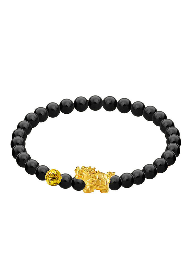 [SPECIAL] LITZ 999 (24K) Gold Dragon Turtle + Gold Ball With 4MM Agate Bracelet 龍龜手鍊 EPC0252S-MB-B-A (0.45g+/-)