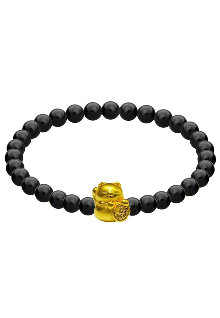 [SPECIAL] LITZ 999 (24K) Gold Lucky Cat Charm With 4mm Agate Bracelet 招財貓手鍊 EPC0157SS-MB-B (0.11g+/-)