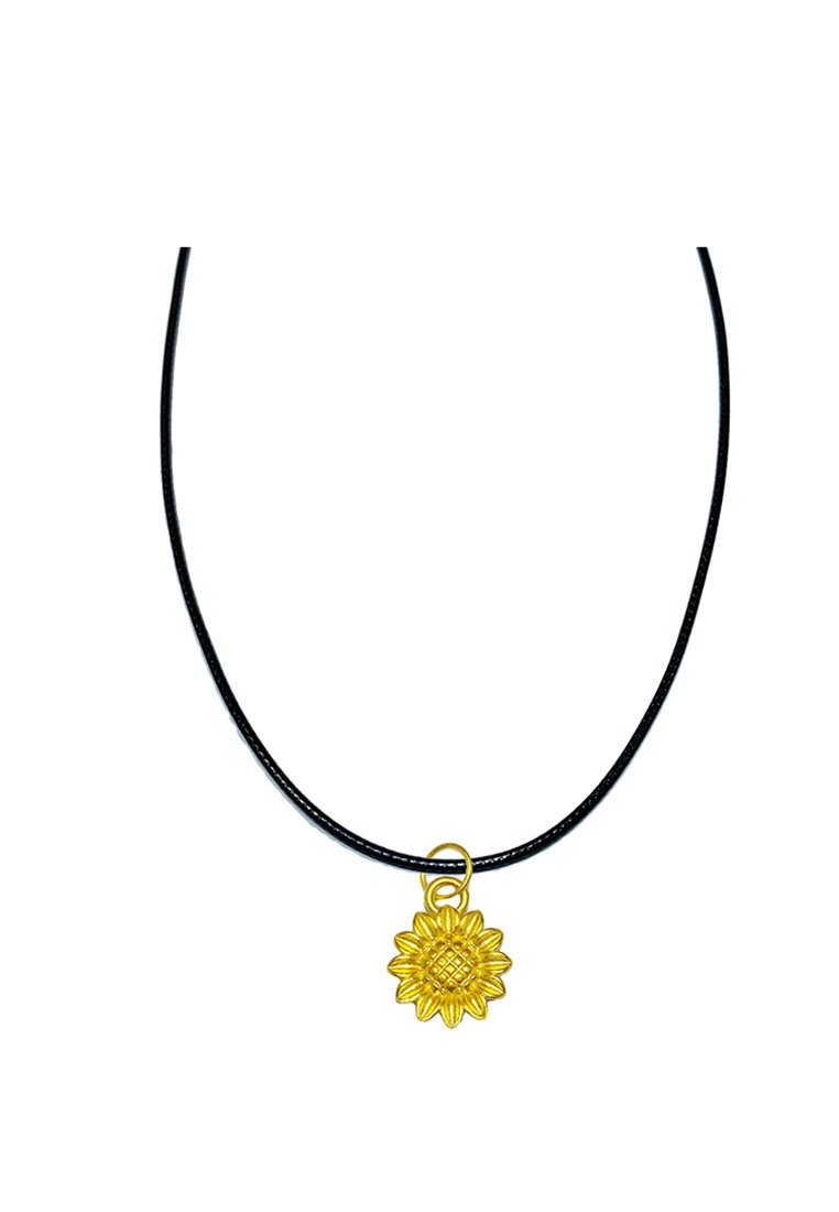 [SPECIAL] LITZ 999 (24K) Gold Sunflower Pendant with Stainless Steel Leather Choker Necklace EP0282-AC (0.17g+/-)