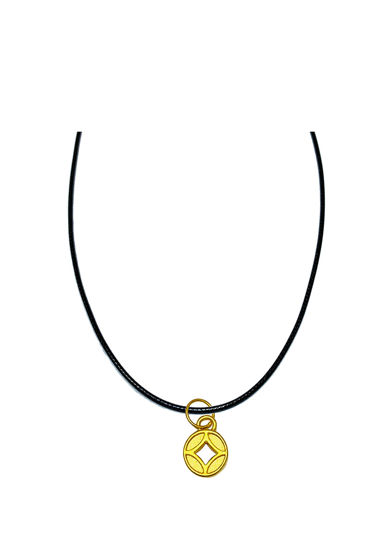 [SPECIAL] LITZ 999 (24K) Gold Coin Pendant with Stainless Steel Leather Choker Necklace EP0290 -AC (0.19g+/-)