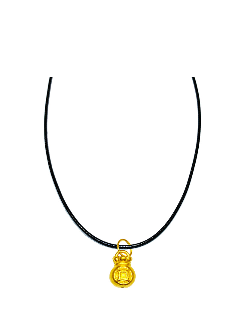 [SPECIAL] LITZ 999 (24K) Gold Money Bag Pendant with Stainless Steel Leather Choker Necklace EP0284-AC (0.19g+/-)
