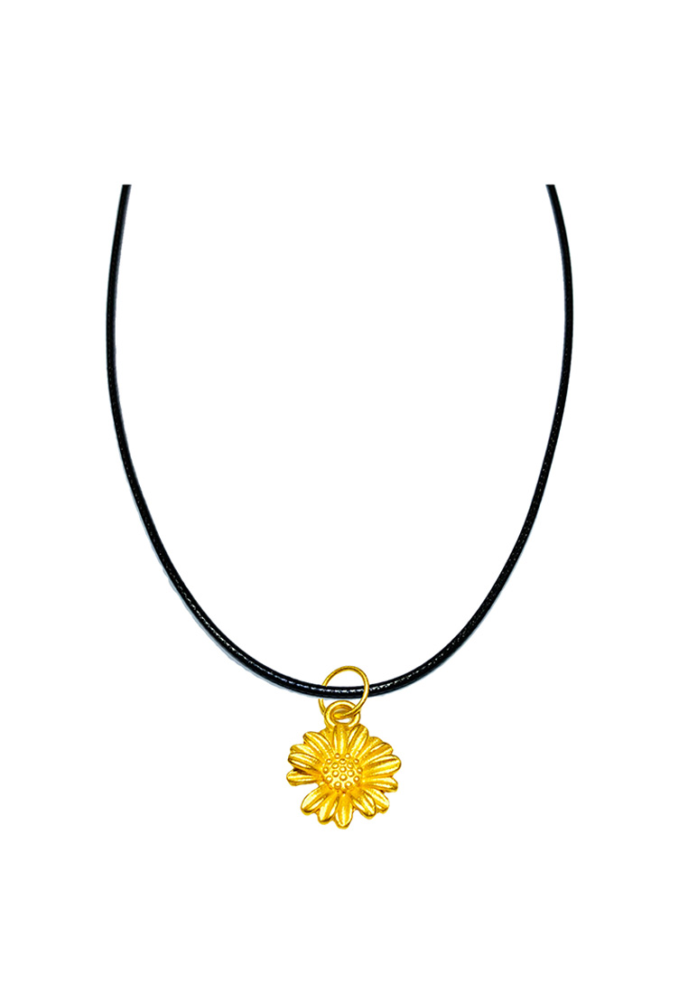[SPECIAL] LITZ 999 (24K) Gold Sunflower Pendant with Stainless Steel Leather Choker Necklace EP0282A-AC (0.15g+/-)
