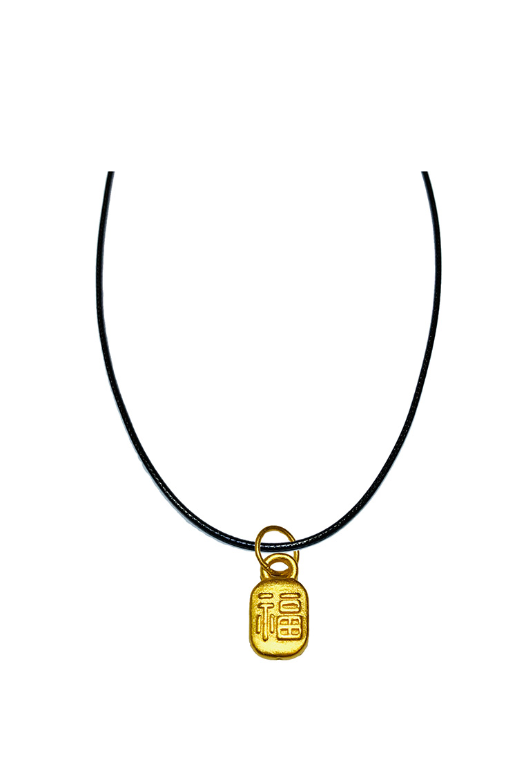 [SPECIAL] LITZ 999 (24K) Gold Fu Pendant with Stainless Steel Leather Choker Necklace EP0278-AC (0.20g+/-)