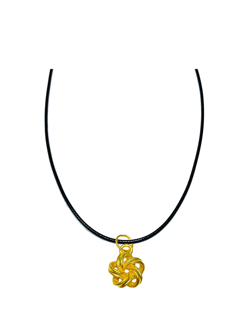 [SPECIAL] LITZ 999 (24K) Gold Flower Pendant with Stainless Steel Leather Choker Necklace EP0310-AC (0.20g+/-)