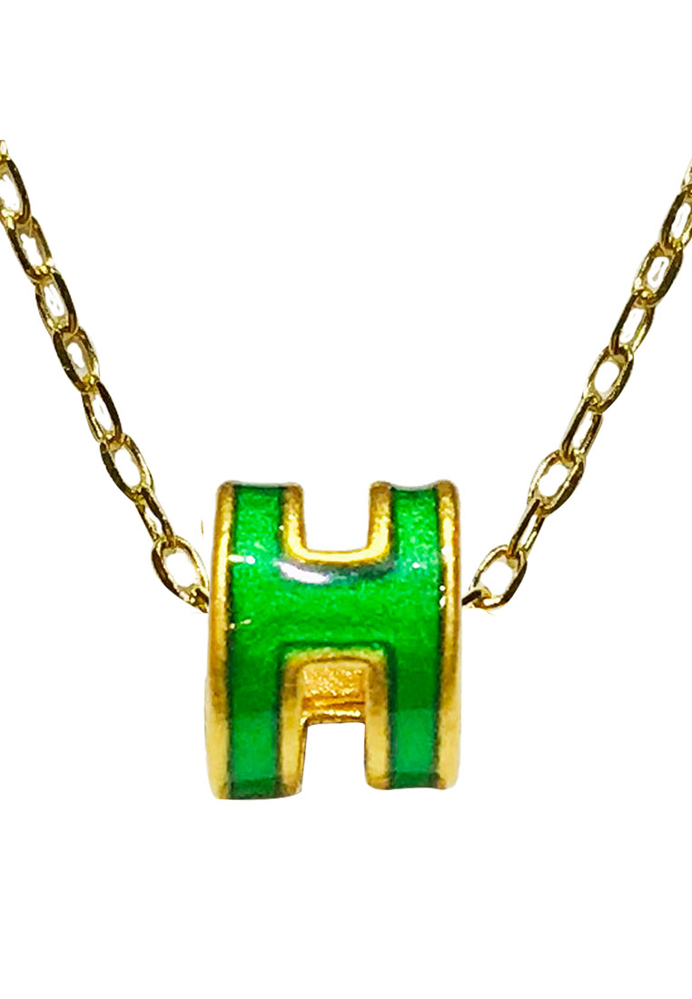 [SPECIAL] LITZ 999 (24K) Gold H Charm with 14K Gold Plated 925 Silver Chain H牌項鍊 EPC0926-GREEN-SN