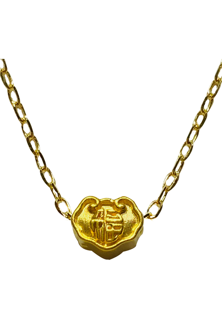 [SPECIAL] LITZ 999 (24K) Gold Ru Yi Charm with 14K Gold Plated 925 Silver Chain福字如意鎖項鍊 EPC0976-SN (0.13g+/-)