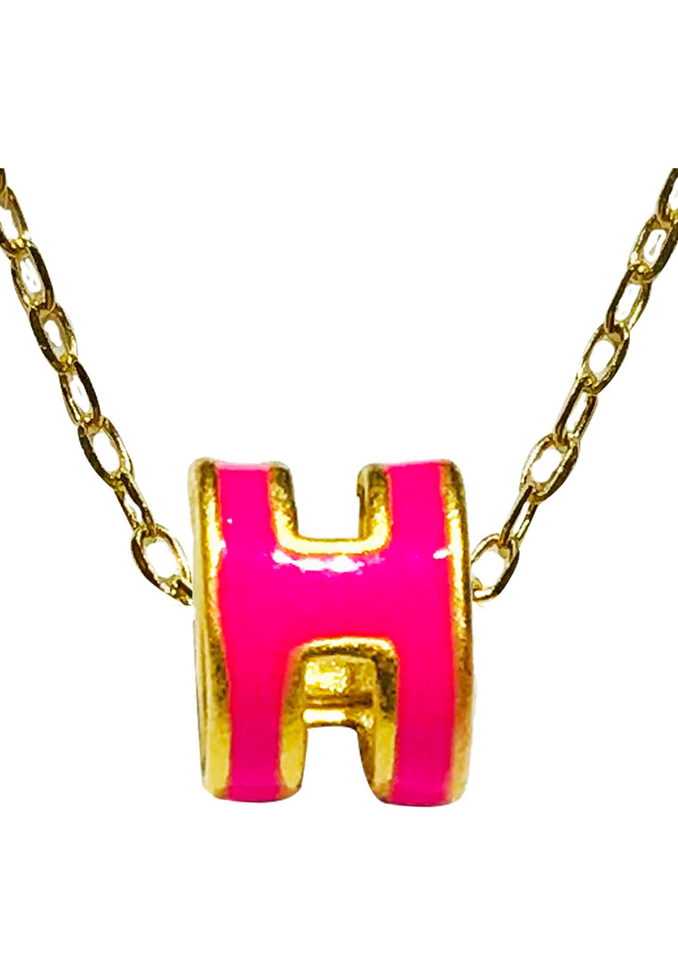 [SPECIAL] LITZ 999 (24K) Gold H Charm with 14K Gold Plated 925 Silver Chain H牌項鍊 EPC0926-PINK-SN