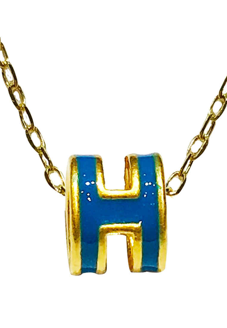 [SPECIAL] LITZ 999 (24K) Gold H Charm with 14K Gold Plated 925 Silver Chain H牌項鍊 EPC0926-BLUE-SN