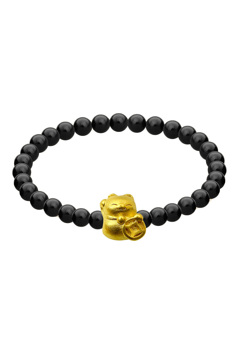 [SPECIAL] LITZ 999 (24K) Gold Lucky Cat Charm With 4mm Agate Bracelet 招財貓手鍊 EPC1047-MB-B (0.13+/-)