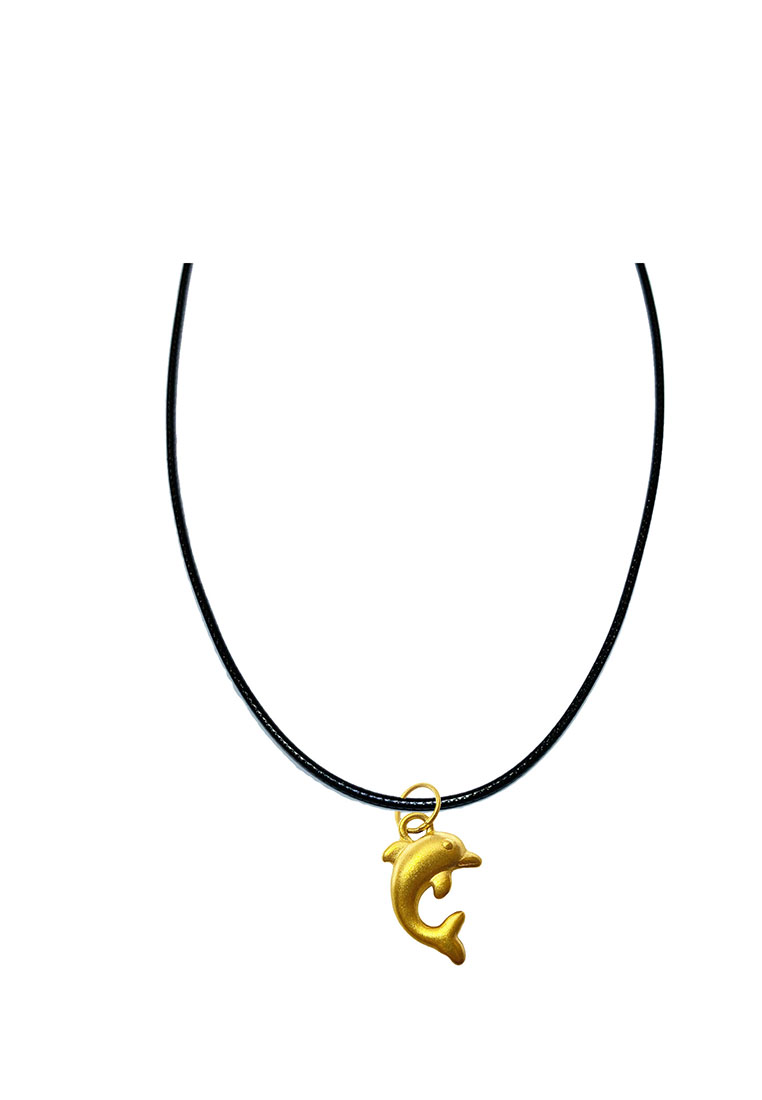[SPECIAL] LITZ 999 (24K) Gold Dolphin Pendant with Stainless Steel Leather Choker Necklace EP0303-AC (0.17g+/-)