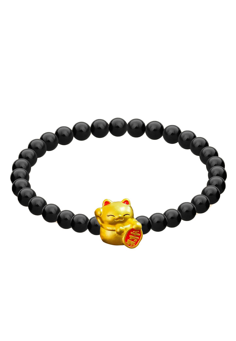 [SPECIAL] LITZ 999 (24K) Gold Lucky Cat Charm With 4mm Agate Bracelet 招財貓手鍊 EPC1046-MB-B (0.30+/-)