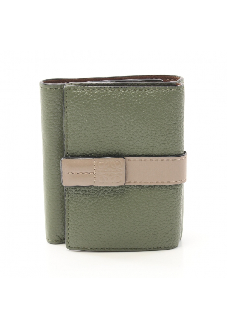 二奢 Pre-loved LOEWE Tri Fold Three-fold leather wallet Khaki Green grey beige