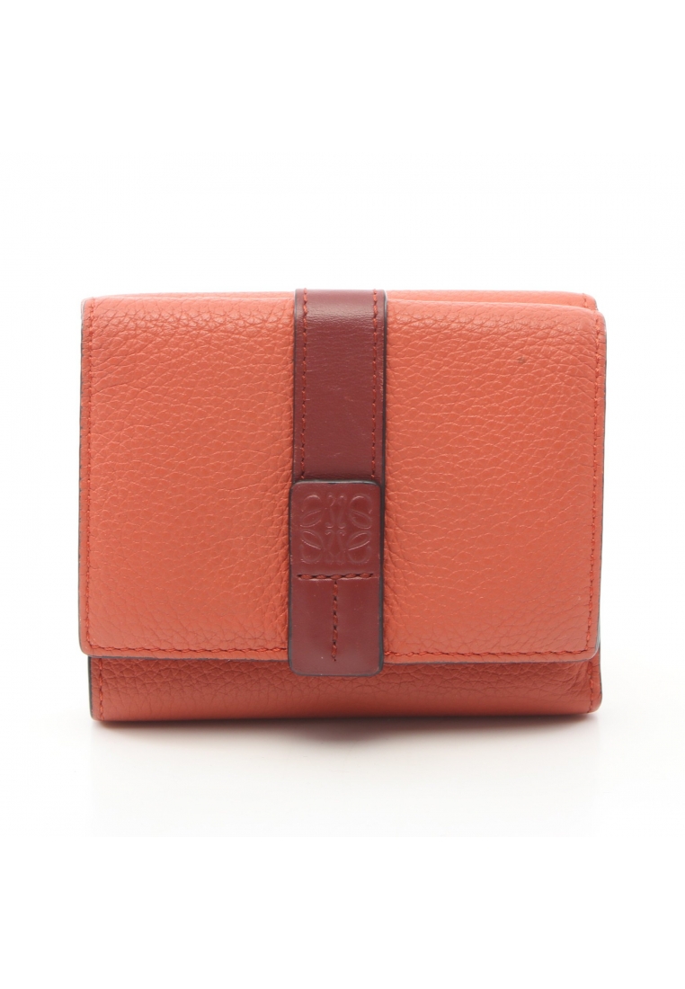 二奢 Pre-loved LOEWE TRIFOLD WALLET trifold wallet compact wallet leather coral orange Bordeaux